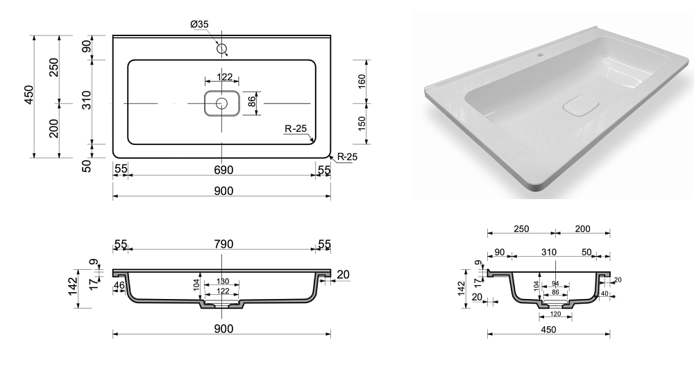 Раковина "Каре Люкс" 900х450 Раковина "Каре Люкс" 900х450