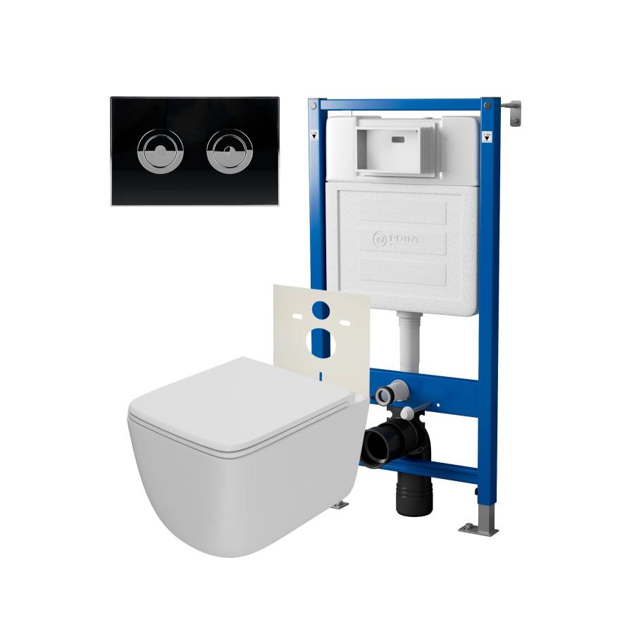 Сет: Система инсталляции пневматическая Point Элемент П для подвесного унитаза PN45121 + Клавиша смыва для пневматической инсталляции Point Венера, установка в стену, черный/хром, PN44072BC + Унитаз подвесной Point Меркурий безободковый, сиденье дюропласт Сет: Система инсталляции пневматическая Point Элемент П для подвесного унитаза PN45121 + Клавиша смыва для пневматической инсталляции Point Венера, установка в стену, черный/хром, PN44072BC + Унитаз подвесной Point Меркурий безободковый, сиденье дюропласт