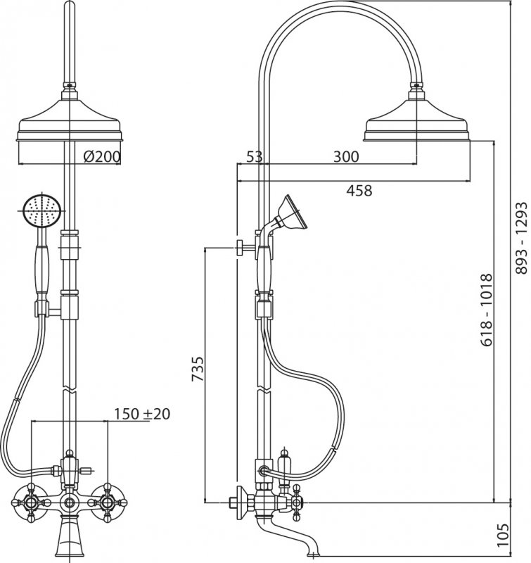 LORD-CVD-02-Bi Душевая стойка со смесителем для ванны, верхним и ручным душем, 20 см Исполнение: Бронза, Ручки: Белый  LORD-CVD-02-Bi Душевая стойка со смесителем для ванны, верхним и ручным душем, 20 см Исполнение: Бронза, Ручки: Белый