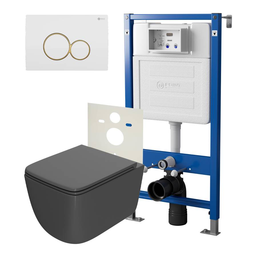 Сет: Система инсталляции Point Элемент для подвесного унитаза PN45120 + Клавиша смыва для инсталляции Point Виктория, белая/золото, PN44061WG + Унитаз подвесной Point Меркурий безободковый, сид.дюропласт микролифт быстросъем, графит, PN41831GM Сет: Система инсталляции Point Элемент для подвесного унитаза PN45120 + Клавиша смыва для инсталляции Point Виктория, белая/золото, PN44061WG + Унитаз подвесной Point Меркурий безободковый, сид.дюропласт микролифт быстросъем, графит, PN41831GM