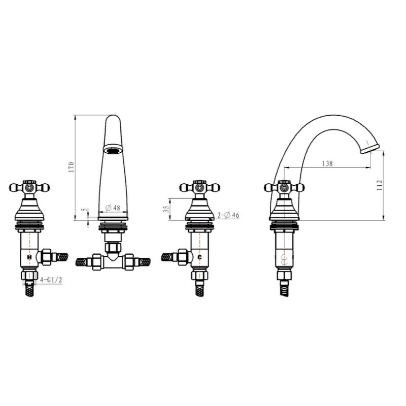 Смеситель для умывальника на 3 отверстия, Camelia бронза_Комплект Смеситель для умывальника на 3 отверстия, Camelia бронза_Комплект
