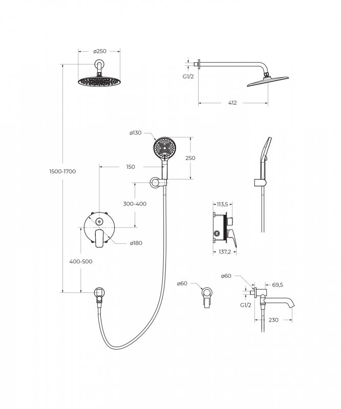 MARINO Душевой комплект встраиваемый с изливом (смеситель встраиваемый, верхний душ, ручной душ со шлангом, штуцер с держателем),хром MARINO-VDSET-CRM MARINO Душевой комплект встраиваемый с изливом (смеситель встраиваемый, верхний душ, ручной душ со шлангом, штуцер с держателем),хром MARINO-VDSET-CRM