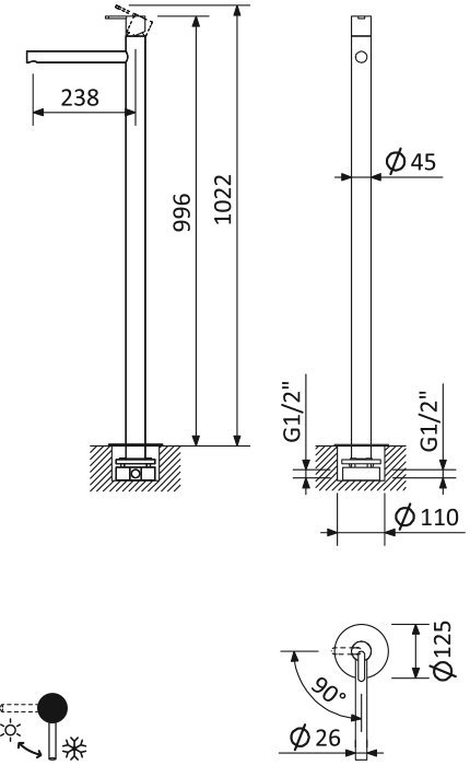 LEAF-TVP-L-PO Смеситель для раковины напольный, однорычажный без донного клапана, исполнение Gold PVD LEAF-TVP-L-PO Смеситель для раковины напольный, однорычажный без донного клапана, исполнение Gold PVD