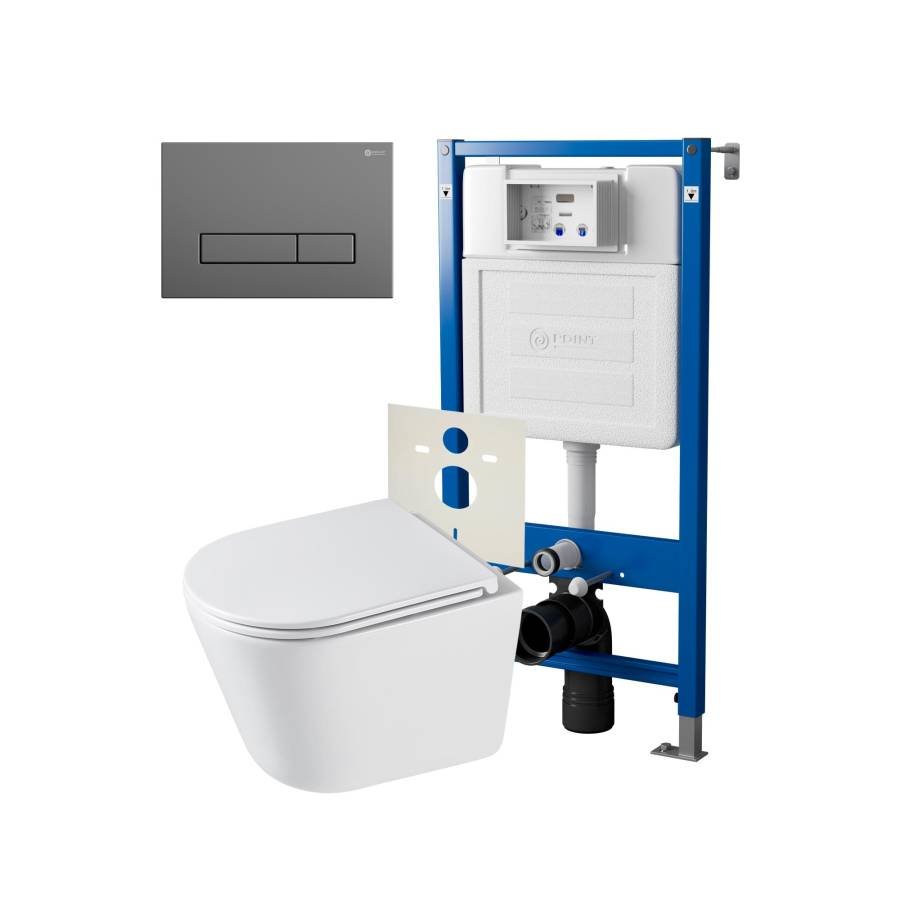 Сет: Система инсталляции Point Элемент для подвесного унитаза PN45120 + Клавиша смыва для инсталляции Point Меркурий, цвет графит, PN44831GM + Унитаз подвесной Point Венера безободковый, белый, сиденье дюропласт микролифт быстросъемное PN41071 Сет: Система инсталляции Point Элемент для подвесного унитаза PN45120 + Клавиша смыва для инсталляции Point Меркурий, цвет графит, PN44831GM + Унитаз подвесной Point Венера безободковый, белый, сиденье дюропласт микролифт быстросъемное PN41071