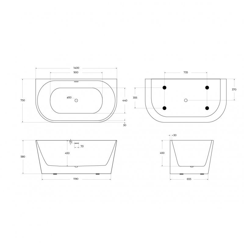 BB710-1500-750 Пристенная, полукруглая акриловая ванна в комплекте со сливом-переливом Цвет Белый  BB710-1500-750 Пристенная, полукруглая акриловая ванна в комплекте со сливом-переливом Цвет Белый