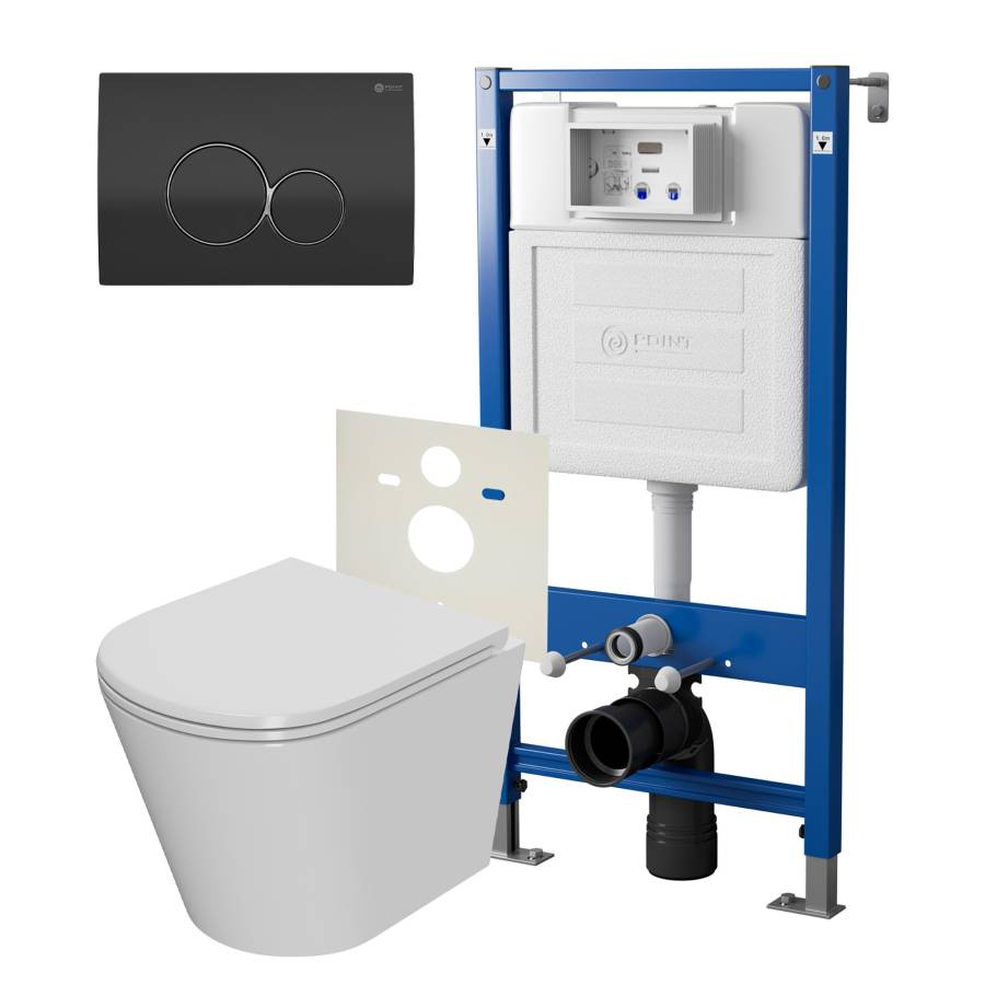 Сет: Система инсталляции Point Элемент для подвесного унитаза PN45120 + Клавиша смыва для инсталляции Point Виктория, черная/хром, PN44061BC + Унитаз подвесной Point Виктория безободковый, сиденье микролифт PN41061 Сет: Система инсталляции Point Элемент для подвесного унитаза PN45120 + Клавиша смыва для инсталляции Point Виктория, черная/хром, PN44061BC + Унитаз подвесной Point Виктория безободковый, сиденье микролифт PN41061