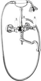 FIRST-VDF-03/24-M Смеситель для ванны с поворотным изливом, с ручным душем, исполнение золото, ручки белые