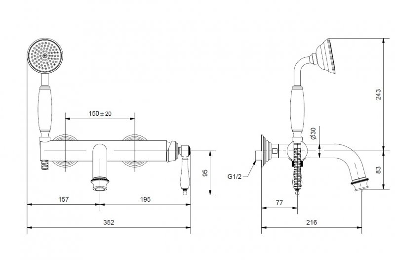 APHRODITE-VDM-01-Bi Смеситель для ванны и душа однорычажный в комплекте с ручным душем Исполнение: Хром, Ручки: Белая  APHRODITE-VDM-01-Bi Смеситель для ванны и душа однорычажный в комплекте с ручным душем Исполнение: Хром, Ручки: Белая