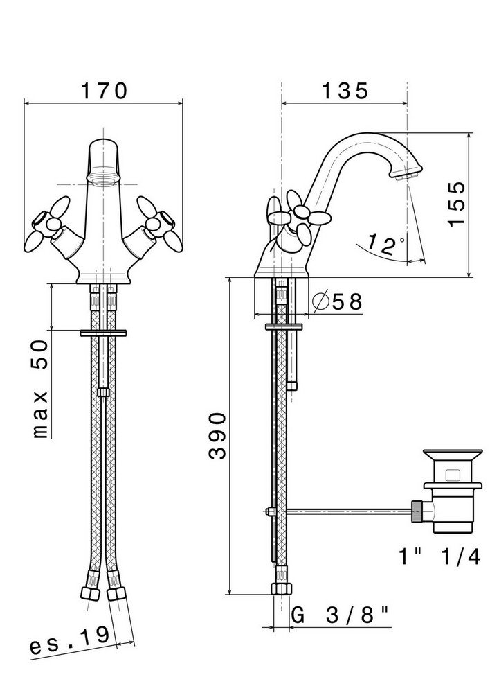 Смеситель для раковины MUSE вентильный с донным клапаном, хром глянец Смеситель для раковины MUSE вентильный с донным клапаном, хром глянец