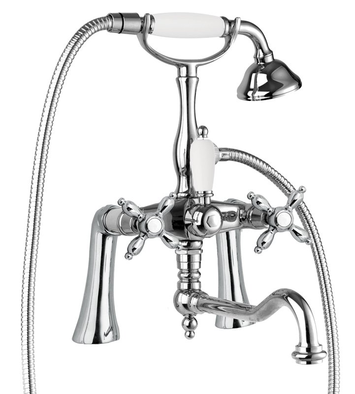 NOSTALGIA-PBV2-01-Bi Смеситель на борт ванны с поворотным изливом и ручным душем Исполнение: Хром, Ручки: Белый  NOSTALGIA-PBV2-01-Bi Смеситель на борт ванны с поворотным изливом и ручным душем Исполнение: Хром, Ручки: Белый