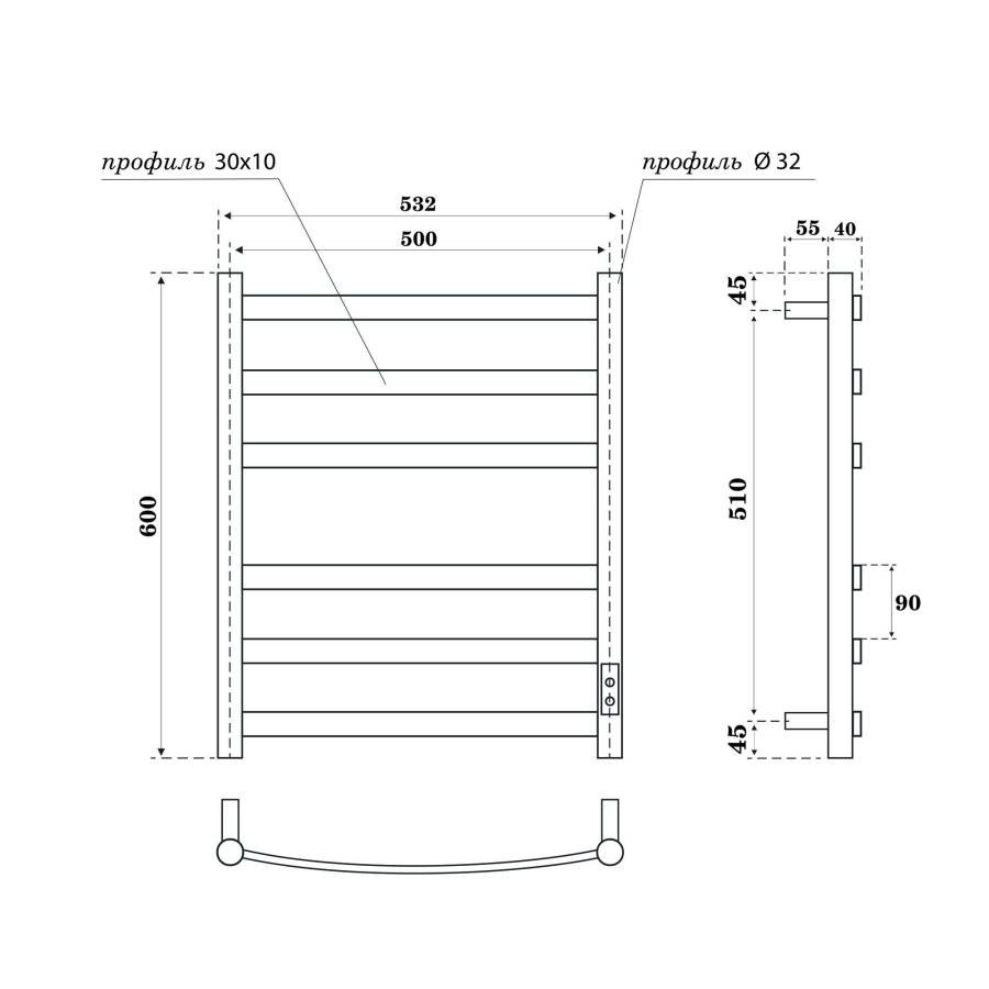 Полотенцесушитель электрический Point Антея PN17856B П6 500x600, диммер справа, черный Полотенцесушитель электрический Point Антея PN17856B П6 500x600, диммер справа, черный