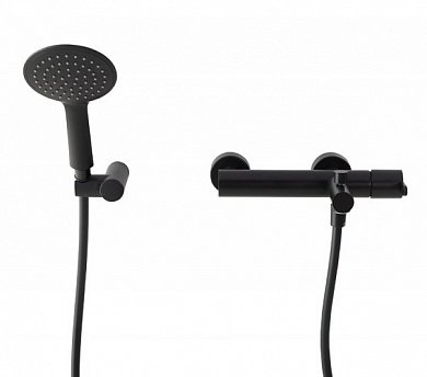 LEAF-VD-L-NOP Смеситель для ванны и душа однорычажный в комплекте с ручным душем, шлангом и держателем, исполнение Чёрный матовый