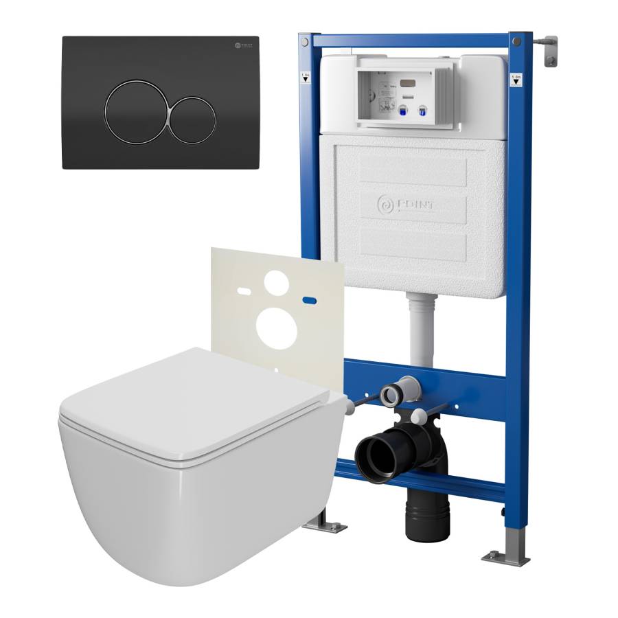 Сет: Система инсталляции Point Элемент для подвесного унитаза PN45120 + Клавиша смыва для инсталляции Point Виктория, черная/хром, PN44061BC + Унитаз подвесной Point Меркурий безободковый, сиденье дюропласт микролифт, быстросъем, белый PN41831 Сет: Система инсталляции Point Элемент для подвесного унитаза PN45120 + Клавиша смыва для инсталляции Point Виктория, черная/хром, PN44061BC + Унитаз подвесной Point Меркурий безободковый, сиденье дюропласт микролифт, быстросъем, белый PN41831