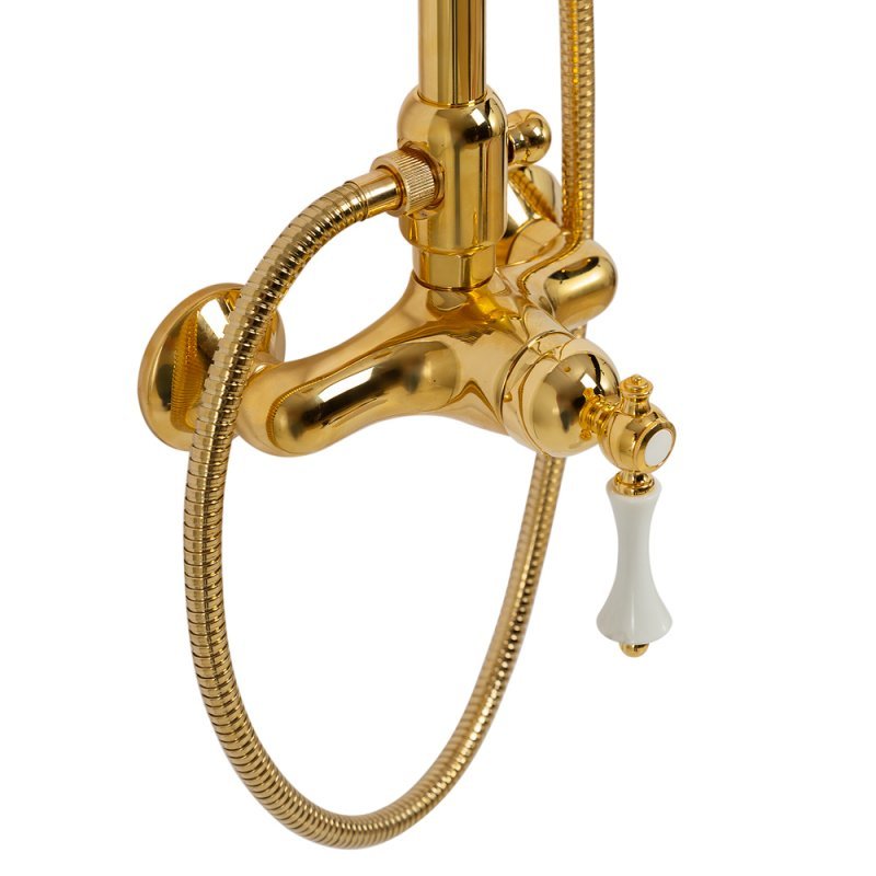 MARGOT-CD-03/24-Bi Душевая стойка со смесителем, верхним и ручным душем Исполнение: Золото 24 карат, Ручки: Белая  MARGOT-CD-03/24-Bi Душевая стойка со смесителем, верхним и ручным душем Исполнение: Золото 24 карат, Ручки: Белая