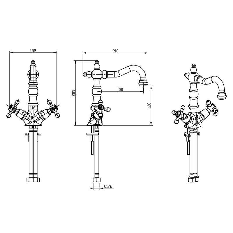 Смеситель для умывальника высокий, Camelia золото_Комплект Смеситель для умывальника высокий, Camelia золото_Комплект