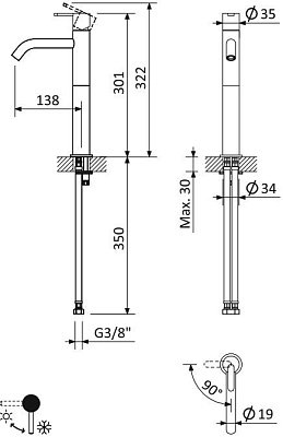 LEAF-LC2-L-ST Смеситель для накладной раковины однорычажный, с донным клапаном, исполнение Satinox