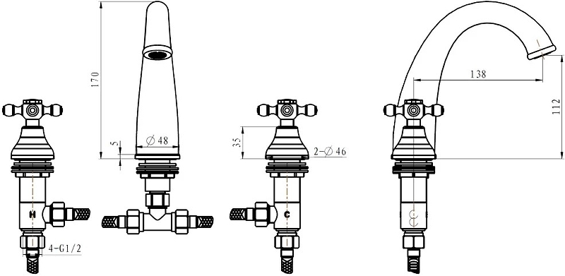 Смеситель для умывальника на 3 отв. ROYAL CRYSTAL black, бронза_Комплект Смеситель для умывальника на 3 отв. ROYAL CRYSTAL black, бронза_Комплект