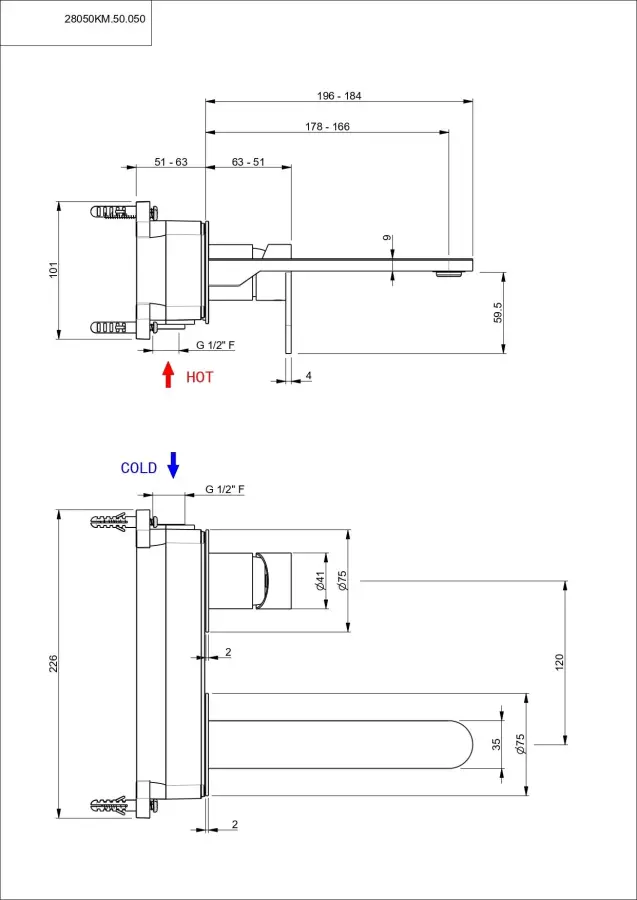 Смеситель для раковины SIARA настенный, с внутренней частью, нержавеющая сталь Смеситель для раковины SIARA настенный, с внутренней частью, нержавеющая сталь