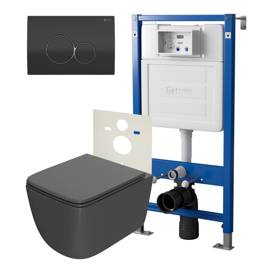 Сет: Система инсталляции Point Элемент для подвесного унитаза PN45120 + Клавиша смыва для инсталляции Point Виктория, черная/хром, PN44061BC + Унитаз подвесной Point Меркурий безободковый, сид.дюропласт микролифт быстросъем, графит, PN41831GM Сет: Система инсталляции Point Элемент для подвесного унитаза PN45120 + Клавиша смыва для инсталляции Point Виктория, черная/хром, PN44061BC + Унитаз подвесной Point Меркурий безободковый, сид.дюропласт микролифт быстросъем, графит, PN41831GM