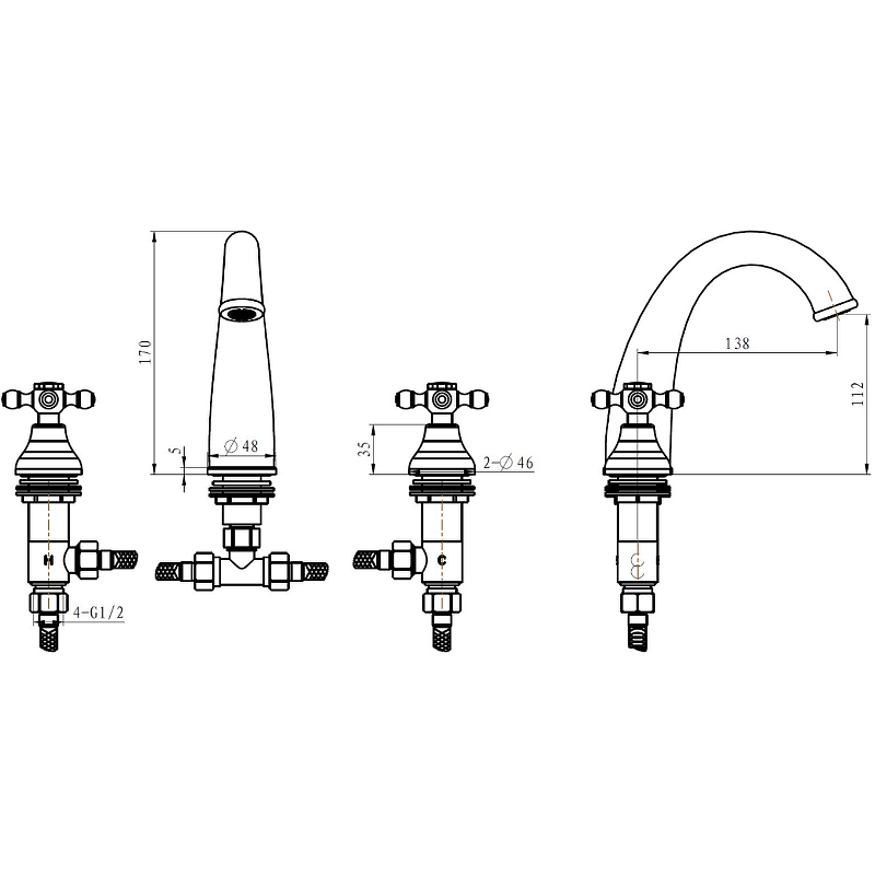Смеситель для раковины на 3 отв.  ROYAL CRYSTAL Black, хром_Комплект Смеситель для раковины на 3 отв.  ROYAL CRYSTAL Black, хром_Комплект