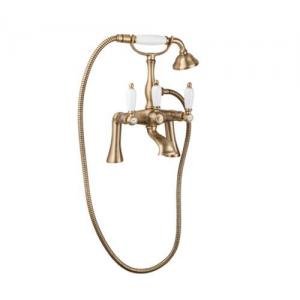 FIRST-PBV-03/24-Bi Смеситель на борт ванны с ручным душем Исполнение: Золото 24 карат, Ручки: Белые  FIRST-PBV-03/24-Bi Смеситель на борт ванны с ручным душем Исполнение: Золото 24 карат, Ручки: Белые