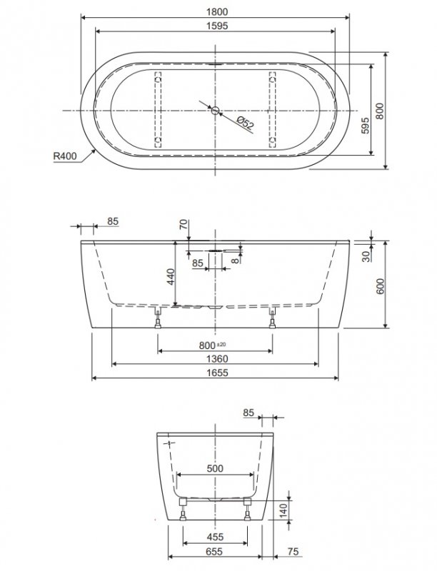 Акриловая ванна CEZARES SLIM CENTRAL-180-80-60-W37-SET Акриловая ванна CEZARES SLIM CENTRAL-180-80-60-W37-SET