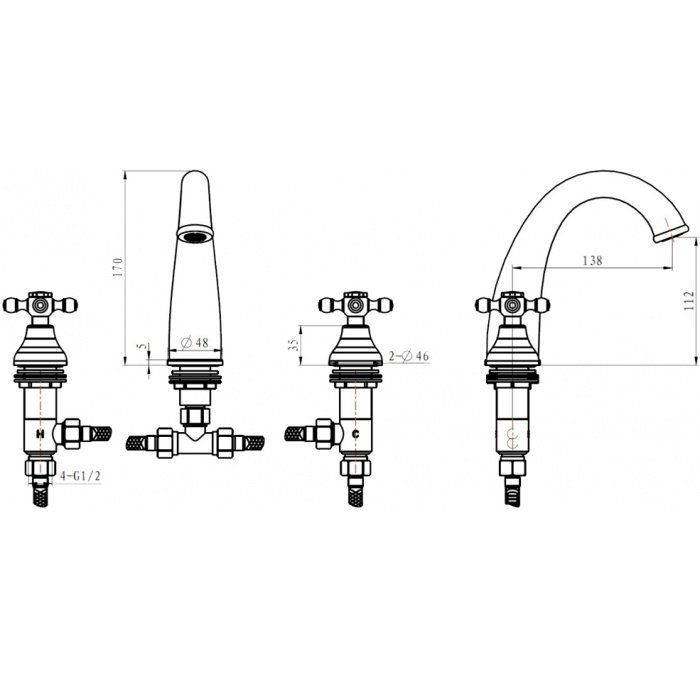 Смеситель для раковины на 3 отверстия ROYAL CRYSTAL BLACK, золото_Комплект Смеситель для раковины на 3 отверстия ROYAL CRYSTAL BLACK, золото_Комплект