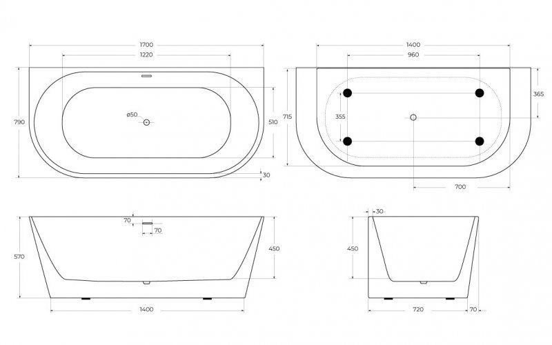 BB710-1500-750 Пристенная, полукруглая акриловая ванна в комплекте со сливом-переливом Цвет Белый  BB710-1500-750 Пристенная, полукруглая акриловая ванна в комплекте со сливом-переливом Цвет Белый