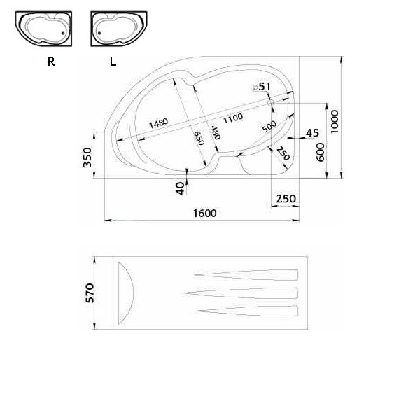 Акриловая ванна 1Marka Diana 160х100 R 01ди1610п Акриловая ванна 1Marka Diana 160х100 R 01ди1610п
