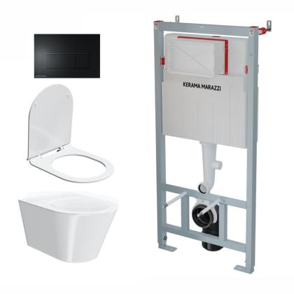 Комплект инсталляции с подвесным унитазом, черной кнопкой смыва и сиденьем Комплект инсталляции с подвесным унитазом, черной кнопкой смыва и сиденьем