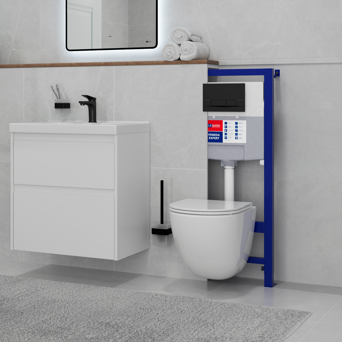 Комплект 2в1: Инсталляция Lemark PENEDA EXPERT для унитазов с кнопкой смыва BIT чёрный матовый Soft touch Комплект 2в1: Инсталляция Lemark PENEDA EXPERT для унитазов с кнопкой смыва BIT чёрный матовый Soft touch