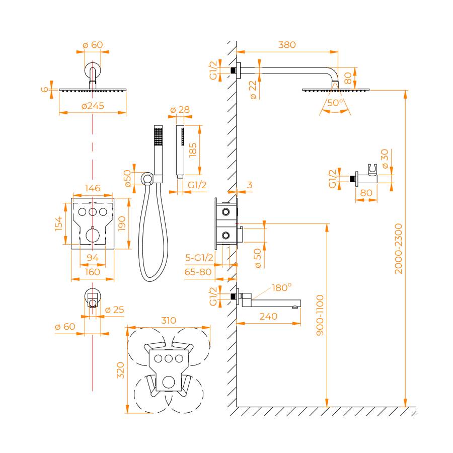 Система для душа встраиваемая RGW SP-370B, RGW 511408370-04 Система для душа встраиваемая RGW SP-370B, RGW 511408370-04
