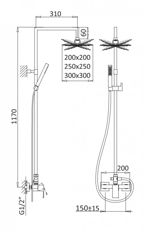 PORTA-CD-SS Душевая колонна со смесителем для верхнего и ручного душа, верхний душ из нержавеющей стали, исполнение sunset PORTA-CD-SS Душевая колонна со смесителем для верхнего и ручного душа, верхний душ из нержавеющей стали, исполнение sunset