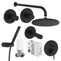 Набор встроенной душевой системы Origin на 3 направления, матовый черный (верхняя лейка, излив, ручной душ, смеситель встроенный внешняя и внутренняя часть)