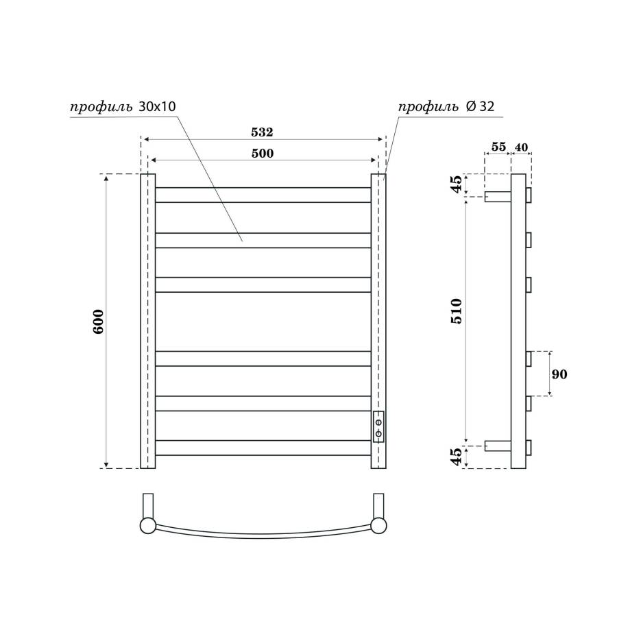 Полотенцесушитель электрический Point Антея PN17856W П6 500x600, диммер справа, белый Полотенцесушитель электрический Point Антея PN17856W П6 500x600, диммер справа, белый