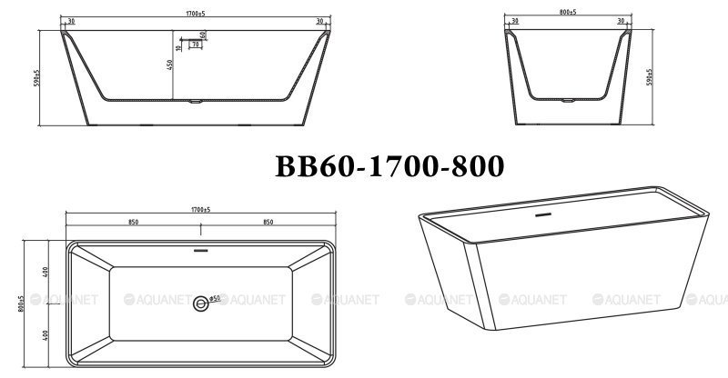 Акриловая ванна BELBAGNO BB60-1700-800 Акриловая ванна BELBAGNO BB60-1700-800