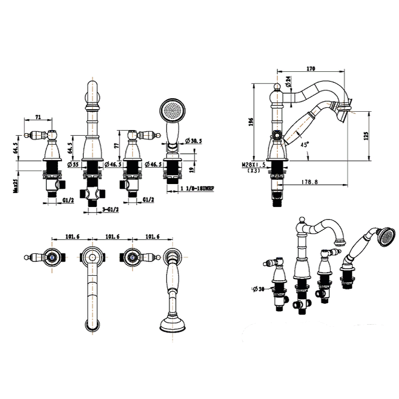 Смеситель врезной на 4 отв., Camelia хром_Комплект Смеситель врезной на 4 отв., Camelia хром_Комплект