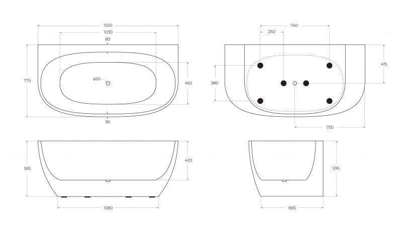 Акриловая ванна без перелива BELBAGNO BB83-1500-W0 Акриловая ванна без перелива BELBAGNO BB83-1500-W0