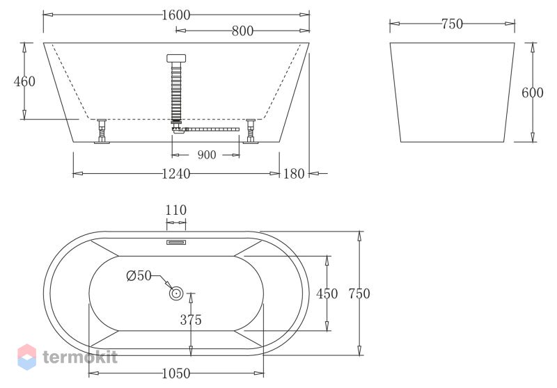 Акриловая ванна без перелива BELBAGNO BB71-1600-W0, 1600x750x600 Акриловая ванна без перелива BELBAGNO BB71-1600-W0, 1600x750x600