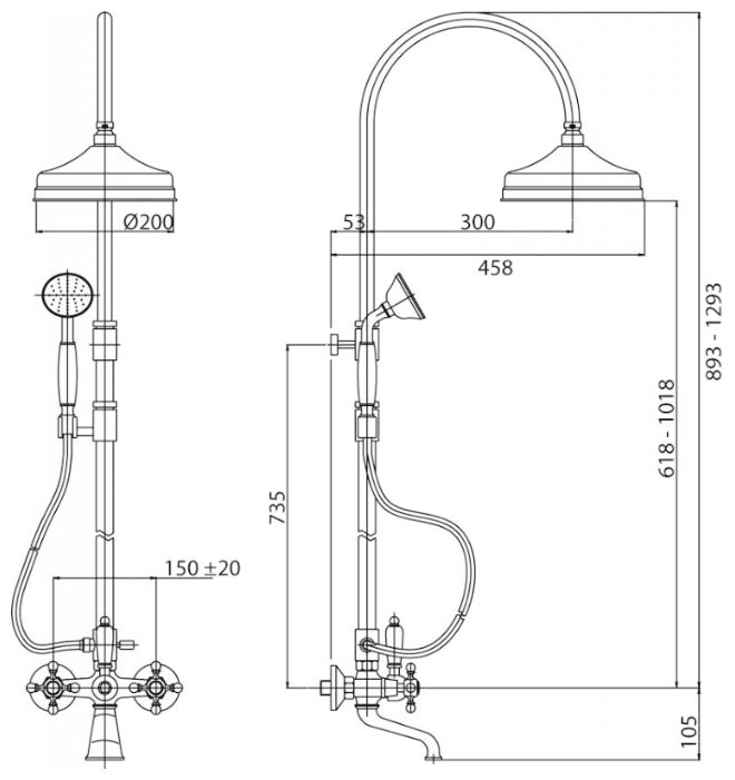 DIAMOND-CVD-01-Sw-N Душевая стойка со смесителем для ванны Исполнение: Хром, Ручки: Swarovski Nero  DIAMOND-CVD-01-Sw-N Душевая стойка со смесителем для ванны Исполнение: Хром, Ручки: Swarovski Nero