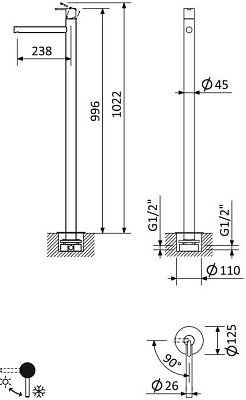 LEAF-TVP-L-SS Смеситель для раковины напольный, однорычажный без донного клапана, исполнение Sunset LEAF-TVP-L-SS Смеситель для раковины напольный, однорычажный без донного клапана, исполнение Sunset