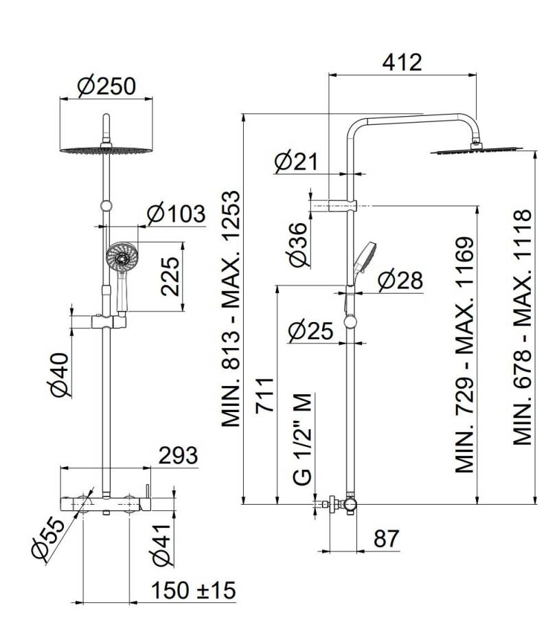 Душевая колонна NOTA на 2 потока с механическим смесителем с  ручным душем на 5 режимов, хром Душевая колонна NOTA на 2 потока с механическим смесителем с  ручным душем на 5 режимов, хром