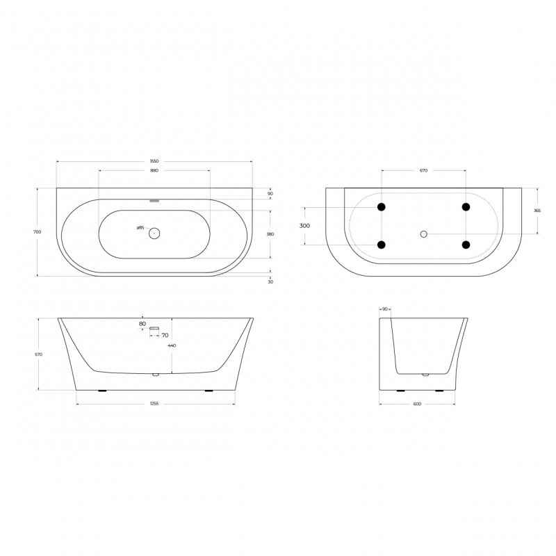 BB711-1550-700 Пристенная, полукруглая акриловая ванна в комплекте со сливом-переливом Цвет Белый  BB711-1550-700 Пристенная, полукруглая акриловая ванна в комплекте со сливом-переливом Цвет Белый