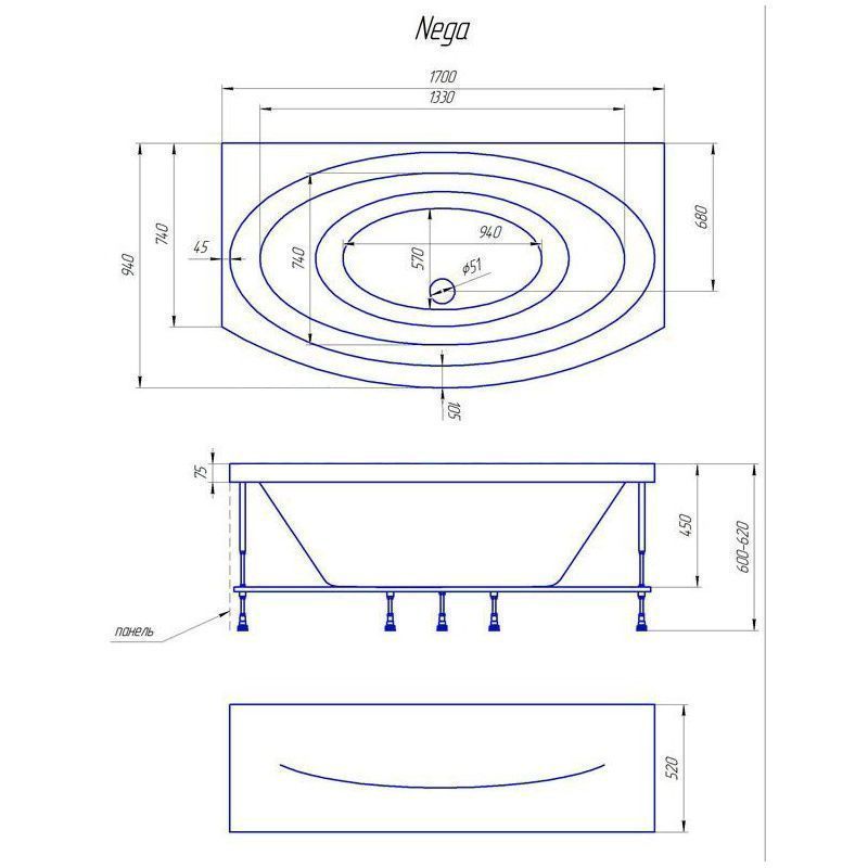 Акриловая ванна 1Marka Nega 170х95 01нег1795 Акриловая ванна 1Marka Nega 170х95 01нег1795
