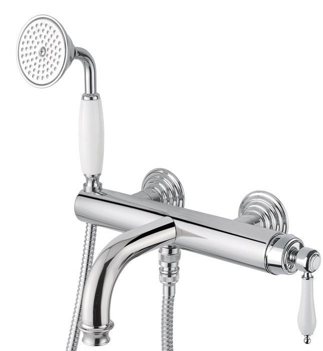 APHRODITE-VDM-01-Bi Смеситель для ванны и душа однорычажный в комплекте с ручным душем Исполнение: Хром, Ручки: Белая  APHRODITE-VDM-01-Bi Смеситель для ванны и душа однорычажный в комплекте с ручным душем Исполнение: Хром, Ручки: Белая