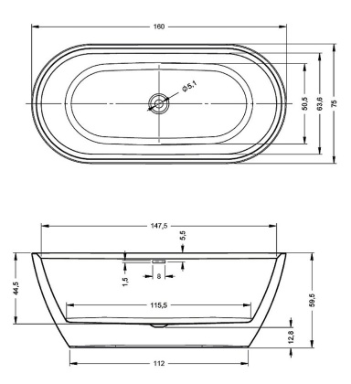 Акриловая ванна Riho INSPIRE 160x75 Velvet White Акриловая ванна Riho INSPIRE 160x75 Velvet White