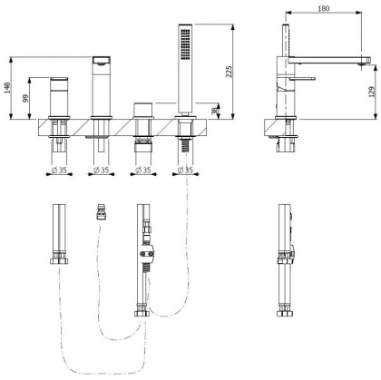 GLAM-BVDM4-BIO Смеситель на борт ванны однорычажный, с выдвижным душем и переключателем, на 4 отверстия. Высота излива 148 мм, длина шланга 1500 мм, р GLAM-BVDM4-BIO Смеситель на борт ванны однорычажный, с выдвижным душем и переключателем, на 4 отверстия. Высота излива 148 мм, длина шланга 1500 мм, р