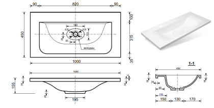 Раковина "Bali 100 silk" 1000х450