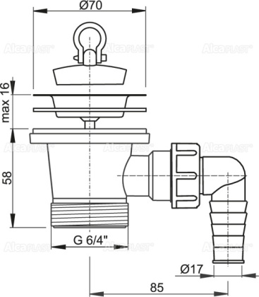 Донный клапан сифона для мойки 6/4" с нержавеющей peшeткой DN70 и штуцером