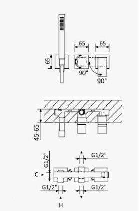 PORTA-VDM2-SR Встраиваемый смеситель для ванны и душа однорычажный в комплекте с ручным душем на одной площадке, на 3 вывода, исполнение sunrise